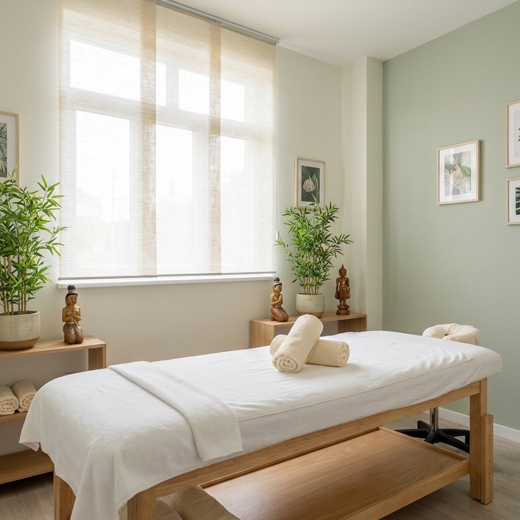 Serene massage room with clean linens and calming atmosphere
